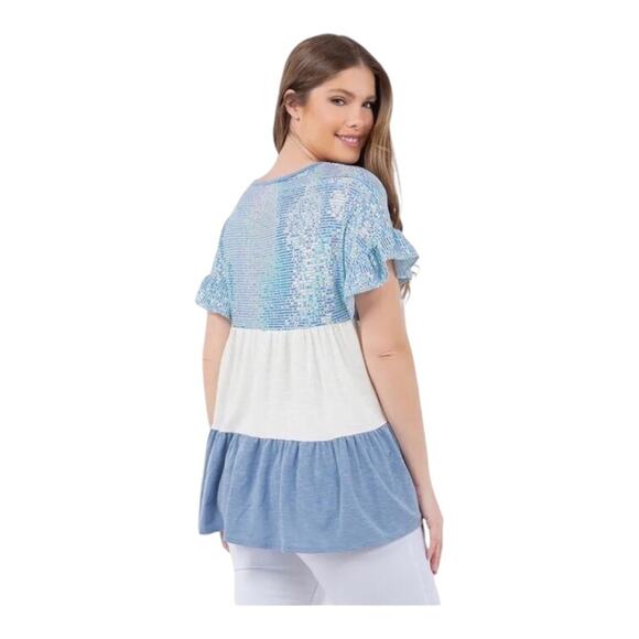 Unbranded NWOT Ruffle Sleeve Babydoll Light Blue Sequin Ivory Denim Blue Top SM - Picture 9 of 11